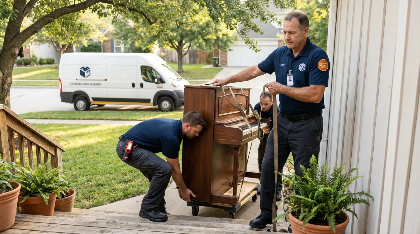 Licensed piano movers securing grand piano in Closter, NJ