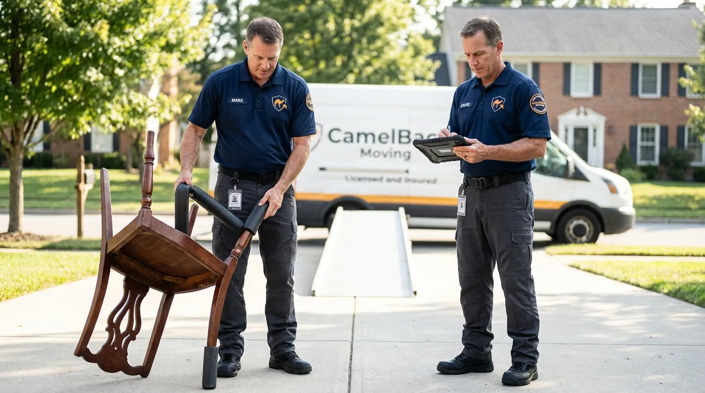 Movers inspecting furniture for damage prevention before loading in Closter, NJ